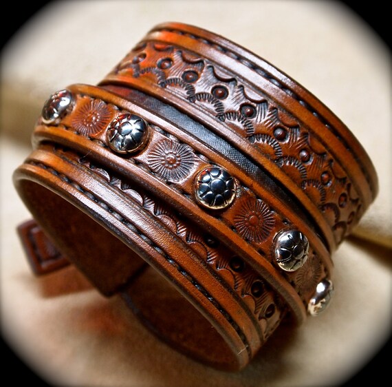 Leather cuff bracelet Custom hand tooled Suntan brown Made for YOU in USA by Freddie Matara