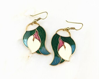 Vintage Cloisonne Calla Lily Floral Earrings