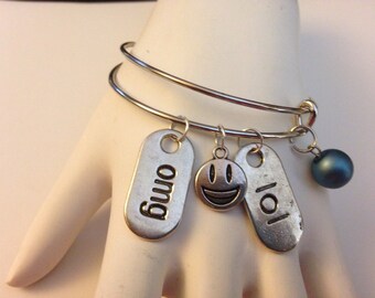 Emoji Emoticon Emotion Texting Expandable Bangle Bracelet with Charms