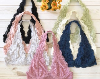 Scalloped Halter Lace Bralette - More colors, Lined, adjustable hook and eye closure, S M L, bralettes bras tops lacy halter neck