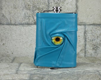 Flask 8 Ounce Turquioise Leather With Face Monster Goth Horror Groomsman Gift One Of A Kind 64