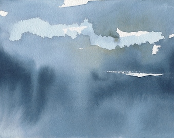 Light Through the Clouds 2, Original Abstract Waterscape Painting, Watercolour, Blue and White