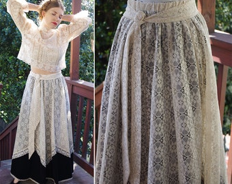 BLACK Velvet 1960's 70's Vintage Long Cream Lace Bohemian Maxi Skirt // size Medium // by Carefree Fashions