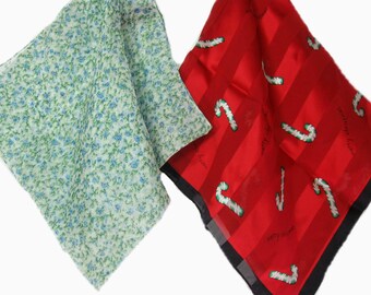 Set of two Vintage Scarves, Candy Cane Christmas Scarf & Green Floral Scarf, neck, head wear