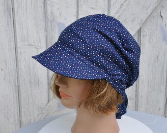 Bandana preformed visor, hat, scarf, headscarf Navy Blue with polka dots - one size