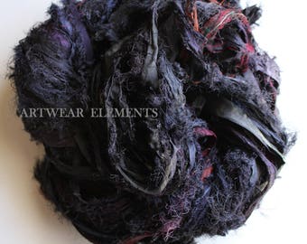 Sari Silk, Whiplash Blackish Purple Mix, New Recycled Sari Silk, Fair Trade, 6 Yards, Textile, Art Yarn, Ribbon, Silk, ArtWear Elements, 61b