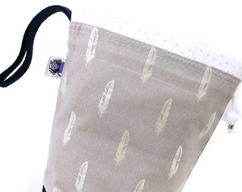 Small Knitting Project Bag Crochet Drawstring Tote WIP Bag - Feathered