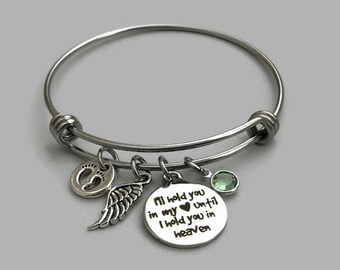 Baby Memorial Bracelet, I Will Hold You In My Heart Until I Hold You In Heaven, Baby Feet Charm, Baby Feet Bangle, Angel Wing, Birthstone