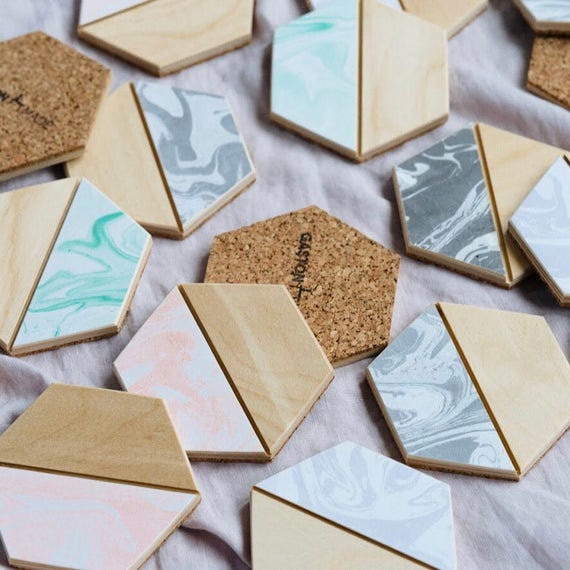 Marbled Hexagon Wooden Coasters Set of Four