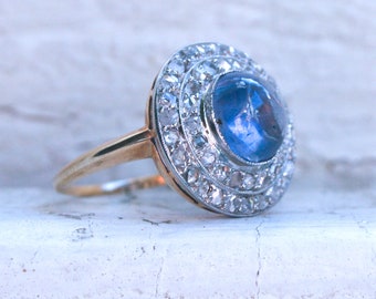 Beautiful Antique 14K Yellow Gold/ Platinum Diamond and Sapphire Cabochon Engagement Ring - 3.69ct.