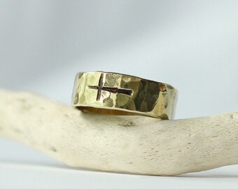 Sideways Cross Ring Gold- 14k or Brass Hammered Band Ring