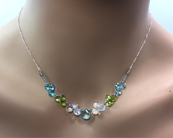Apatite, Rainbow Moonstone and Peridot Necklace in Sterling Silver