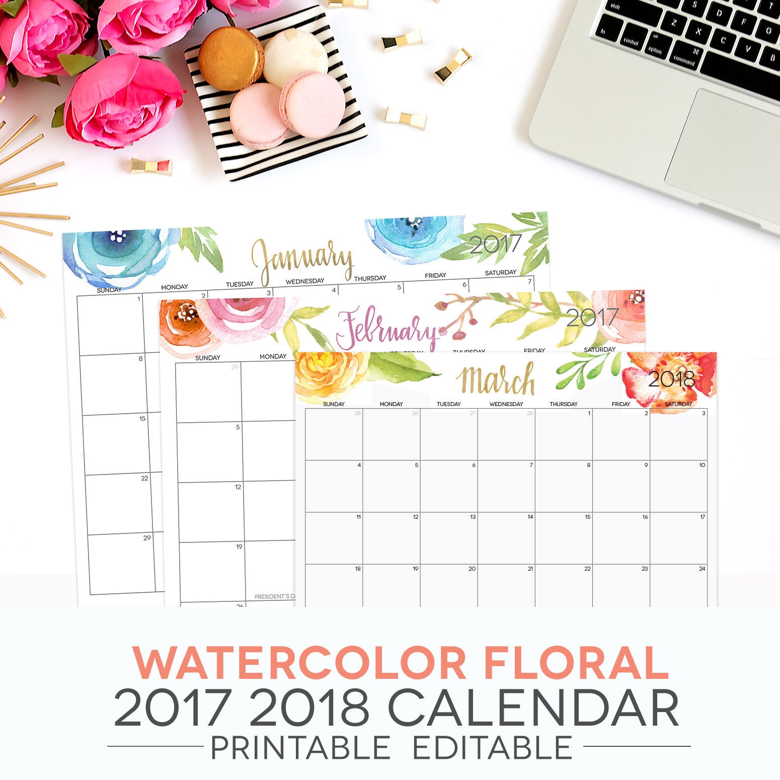 2018 Calendar Printable Editable Digital Monthly Pages