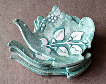 Four Ceramic Damask Teapot Tea bag Holders spoon rest Pale Sea Green teabag holder