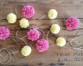 Pink and Yellow Yarn Pom Pom Garland. Baby shower decor, handmade pom poms, party garland, pink pom poms, yellow pom poms, lemonade pom poms