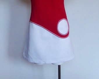 Vintage Mod mini dress. Space age 1960. Scooter style. Red and white polyester knit. round patch pocket. Futuristic. Vintage sports