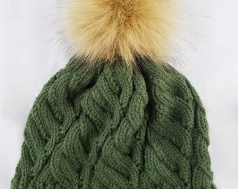 Cable Knit Beanie with Removable Pom Pom