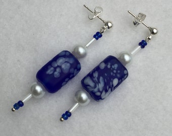 Hand Crafted Blue and Cream Beaded Earrings.