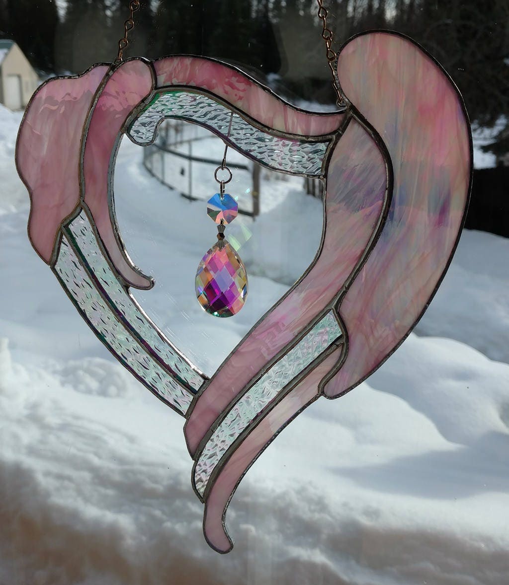 Stained Glass Sun catcher Heart with Crystal. Handmade