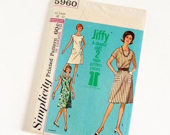Shop SALE Vintage 1960s Womens Size 40-42 A-Line Jiffy Dress Simplicity Sewing Pattern 5960 UNCUT / b42-44 w34-36 / Round Neck Short Kimono