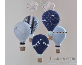 Navy Light Blue White Hot Air Balloon Mobile Travel Theme Nursery Decor Custom Mobile World Map