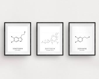 Molecule Printable Art Set - 3 Serotonin, Oxytocin & Dopamine Digital Print - Molecular Structure Chemistry Printable - Instant Download