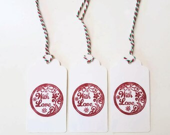 Christmas gift tags, handstamped (set of 5)