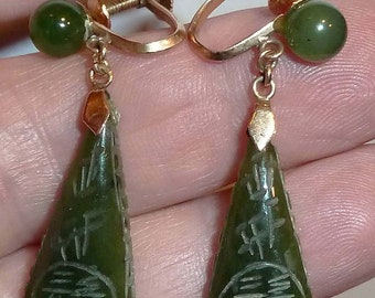 14k Gold & Jade Earrings Vint. Screwback FREE Ship USA