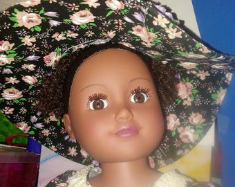 Black Rose pattern dress and white bloomers w) large floppy hat for 18" doll