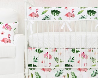 Tropical Floral Flamingo's Bumperless Baby Bedding | Pink, Watercolor Floral, Flamingo, Teething Guard Girl Crib Set | Baby Girl Nursery