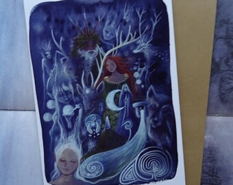 The Silver Wheel A5 Art Card, Greeting Card, Arianrhod, Goddess Art, Welsh Goddess, Deer, Spiritual, Healing, Nature, Forest, Labyrinth