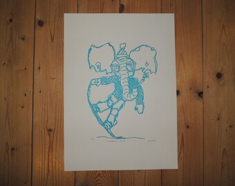 Snowboarding Elephant - Blue screen print