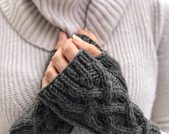 Charcoal Gray Cable Knit Fingerless Gloves, Merino Wool Fingerless Mittens, Gray Knitwear Arm Warmers,