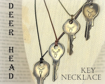 Key Necklace, Deer head necklace, Hand Stamped Necklace, Woodland, Deer Antler Necklace, Stag, Reindeer Necklace, Customizable