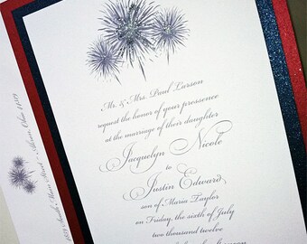 Fireworks Wedding Invitation, July 4th Wedding Invitation, Red, White and Blue Wedding Invitation, Layered Fireworks Invitation Sample