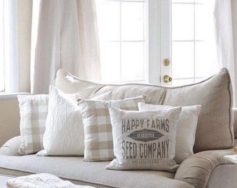 grain sack pillow, farmhouse pillow, farmhouse decor, rustic pillow, rustic decor, "The Happy Farms"