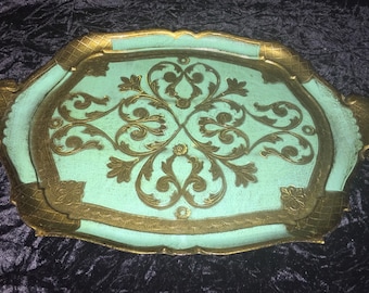 Vintage Florentine French Country Tray Green with Gold Gilding Trim and Handles Made in Italy