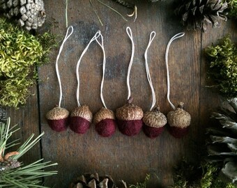 Wool acorn Christmas ornaments, set of 6, Garnet Red, miniature ornaments, waldorf acorn ornaments, dark red ornaments, ornament multi set