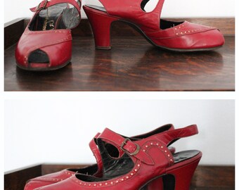 1940s Heels // Paradise Red Leather Heels // vintage 40s heels // 7.5-8M
