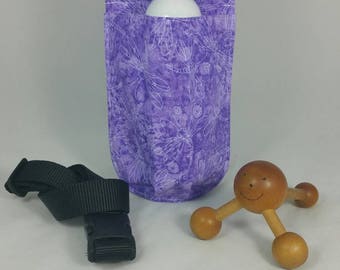 Massage therapy single 8oz bottle hip holster, Purple Dragonflies, black belt