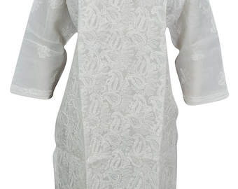 Womans White Tunic Cotton Paisley Floral Hand Embroidered Ethnic Wear Festive Long Tunic Dress Caftan M