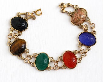 Vintage Scarab Bracelet - 14k Rosy Yellow Gold Filled Large Genuine Gems - Retro Huge Egyptian Revival Colorful Beetle Gem Statement Jewelry