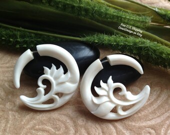 Fake Gauge Earrings, "Crescent Hoops" Naturally Organic, Bone, Hand Carved, Tribal
