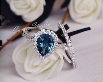 7*9mm Natural London Blue Topaz Ring Set Engagement Ring Set Wedding Ring Set 925 Sterling Silver Ring Anniversary Ring Set