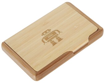 Robot Bamboo Business Card Holder With Laser Engraved Design - Business Card Keeper - Holds Up To 10 Cards