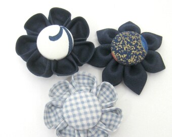 Set of 3 Flower Magnets in Blue, Fridge Magnets, Magnetic, Fabric Flower, Kanzashi Flower, Bulletin Board Magnet