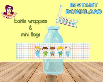 BABY SHOWER etiquetas de botellas y minibanderitas para pajitas, decoración bautizo, descarga inmediata, imprimibles para mesas dulces