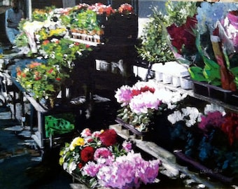 Paris Flower Market Original Art Marché aux Fleurs Acrylic Painting Framed