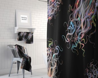 Shower Curtain, Octopus Shower Curtain, Aurora Tentacles, Black Octopus Shhower Curtain Bath Towels, Window Curtains, Bath Mat
