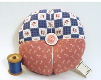 Sewing Theme Fabric Tomato Pincushion with Handle. Needle Minder, Button Scissors Sewing Print; Large Pincushion for Quilter or Sewing Gift!